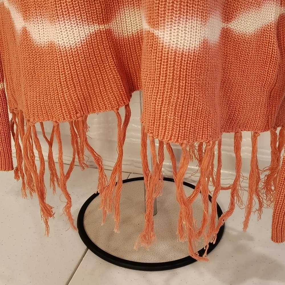 Small  Tie-Dye Pink Striped Split Back Fringe Knit Sweater Boho Fall Winter Cozy - Picture 2 of 10